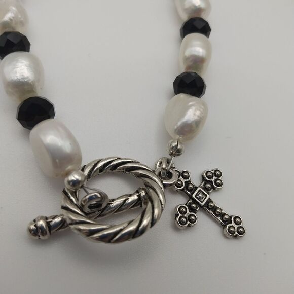 ❤️Antique sterling silver clasp and charms uncultured pearls bracelet B0207 - Picture 3 of 4